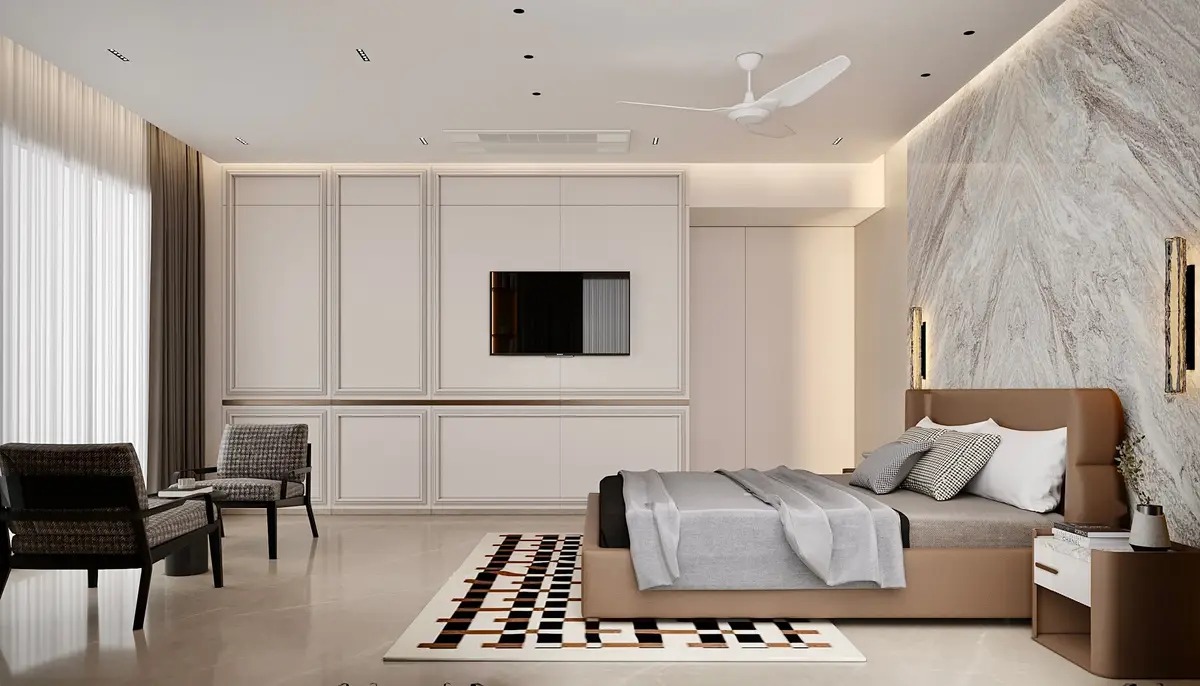 Interior visualisation of a master bedroom with a stone feature wall, panelled joinery and reading chairs